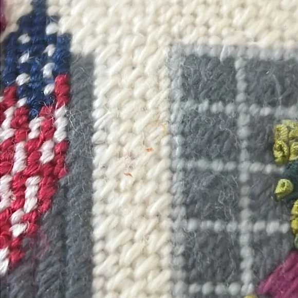 Signed Framed Crewel & Crossstitch Cottage/Garden Scene w/ American Flag - 15x12 - Picture 9 of 9